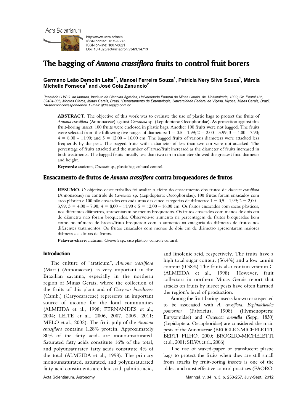 The Bagging of Annona Crassiflora Fruits to Control Fruit Borers