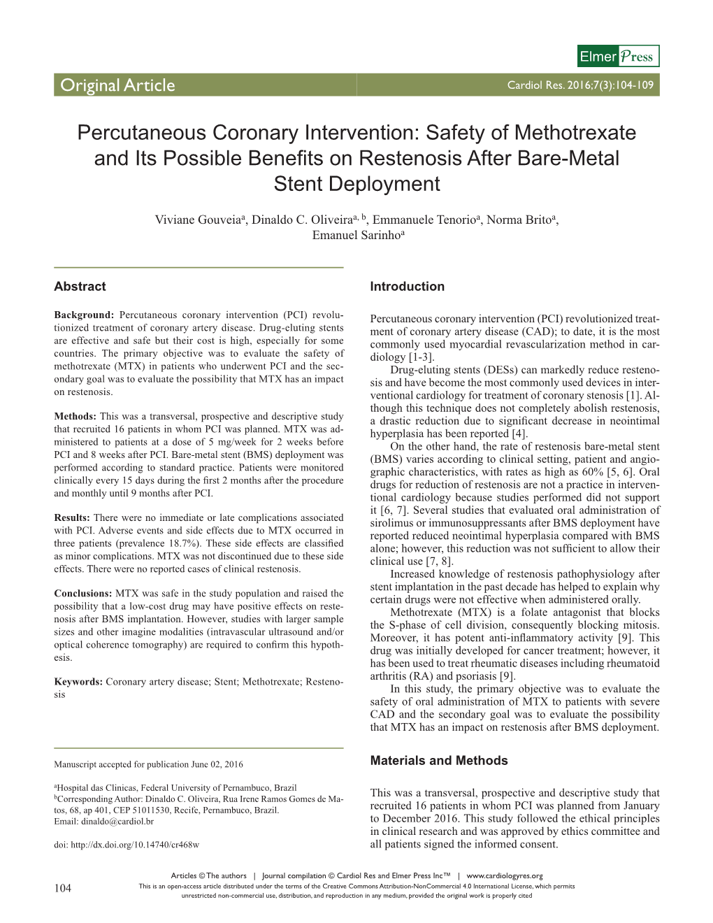 Percutaneous Coronary Intervention: Safety of Methotrexate and Its Possible Benefits on Restenosis After Bare-Metal Stent Deployment