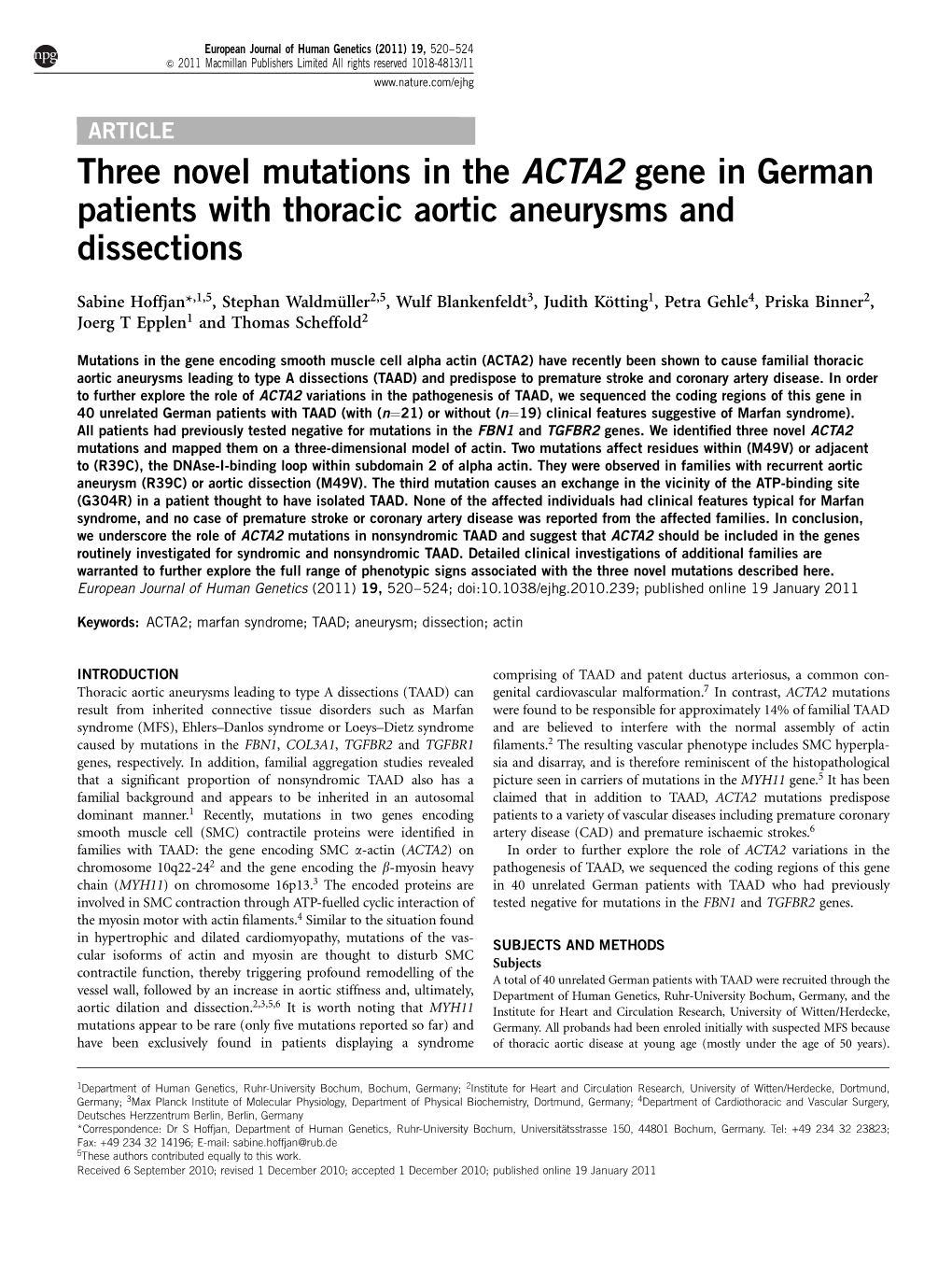 Three Novel Mutations in the ACTA2 Gene in German Patients with Thoracic Aortic Aneurysms and Dissections