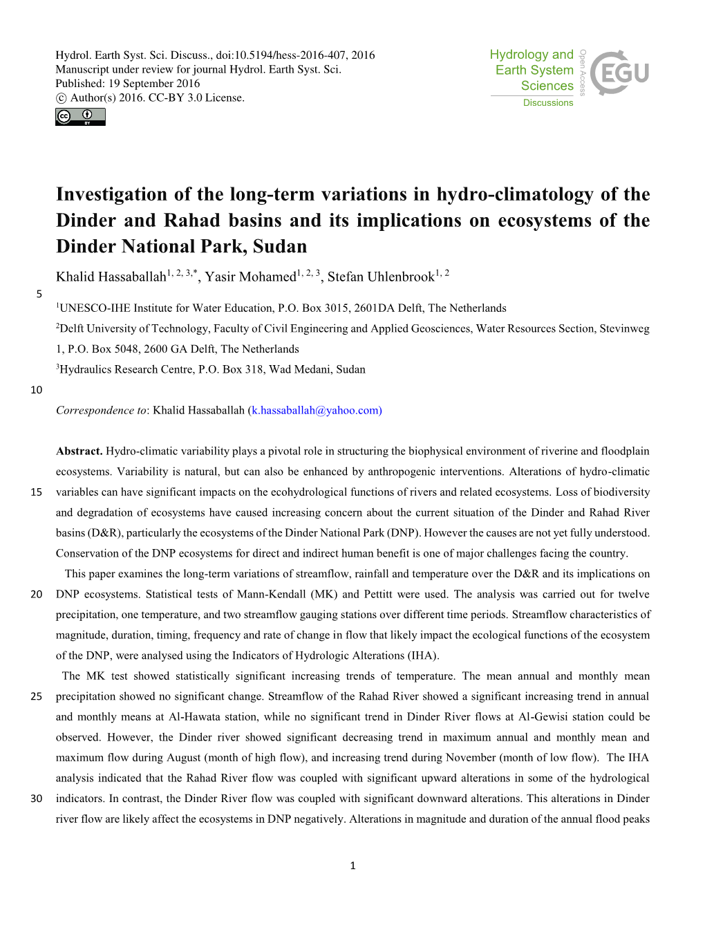 Investigation of the Long-Term Variations in Hydro-Climatology Of