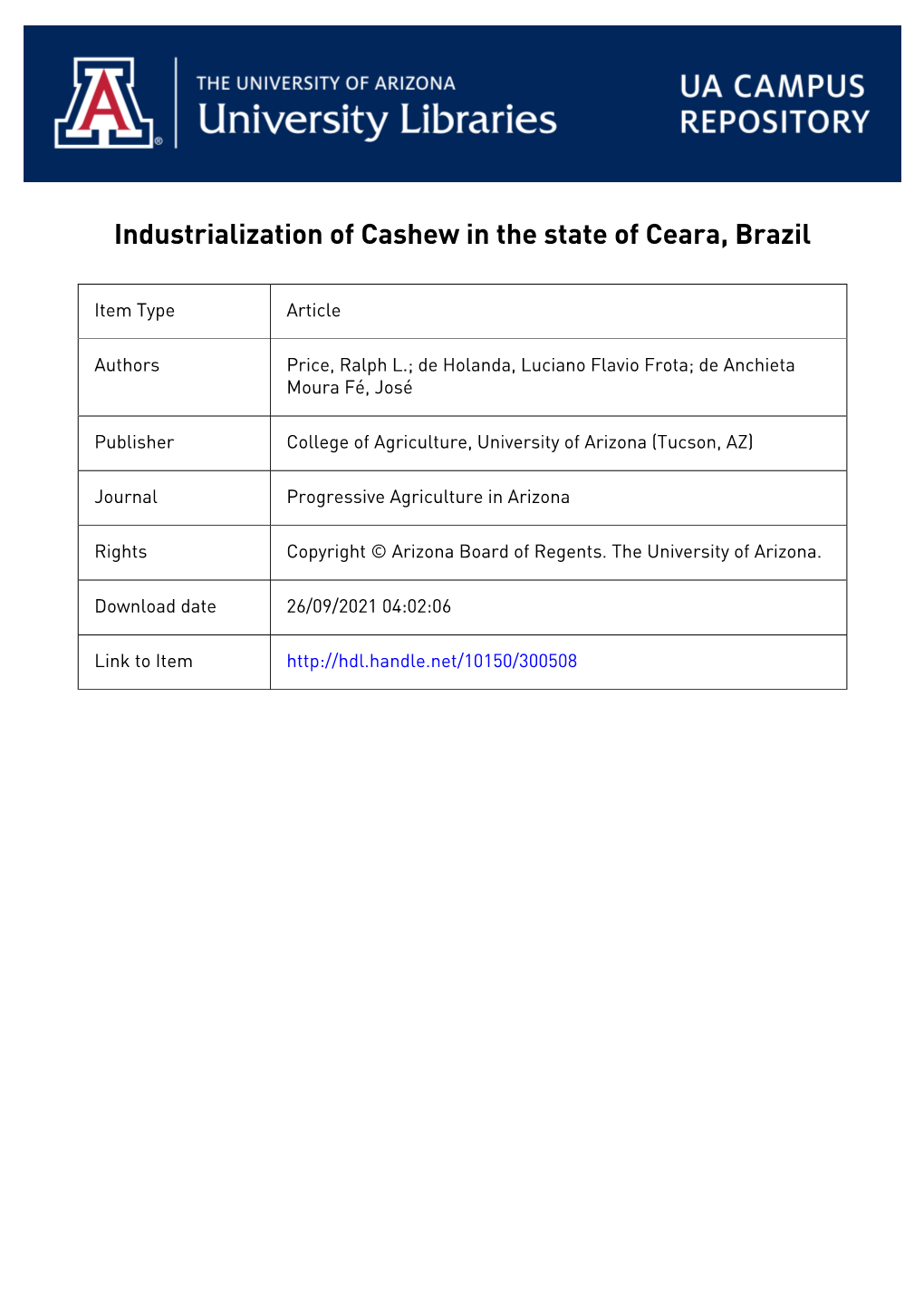 Industrialization of Cashew in the State of Ceara, Brazil