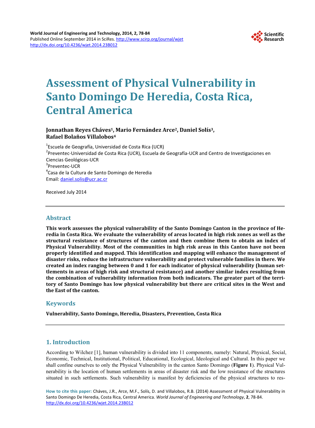 Assessment of Physical Vulnerability in Santo Domingo De Heredia, Costa Rica, Central America