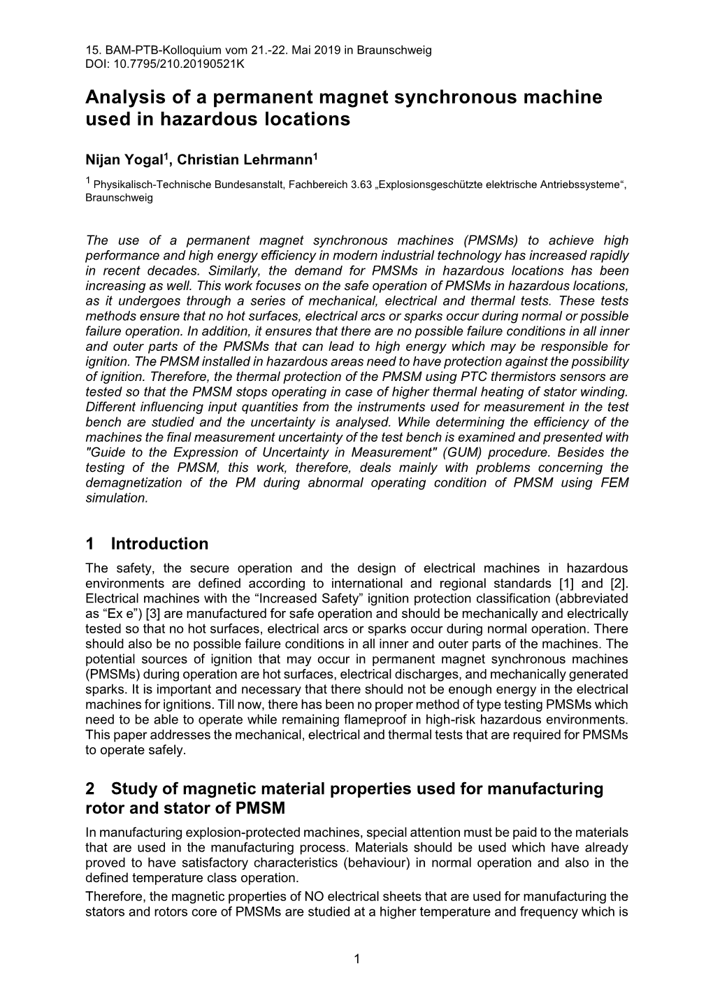 Analysis of a Permanent Magnet Synchronous Machine Used in Hazardous Locations