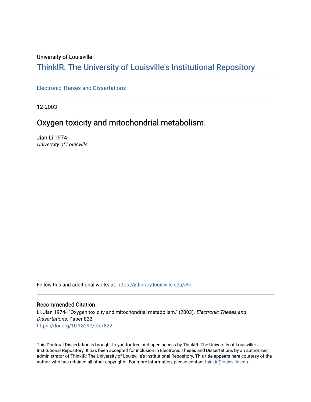 Oxygen Toxicity and Mitochondrial Metabolism