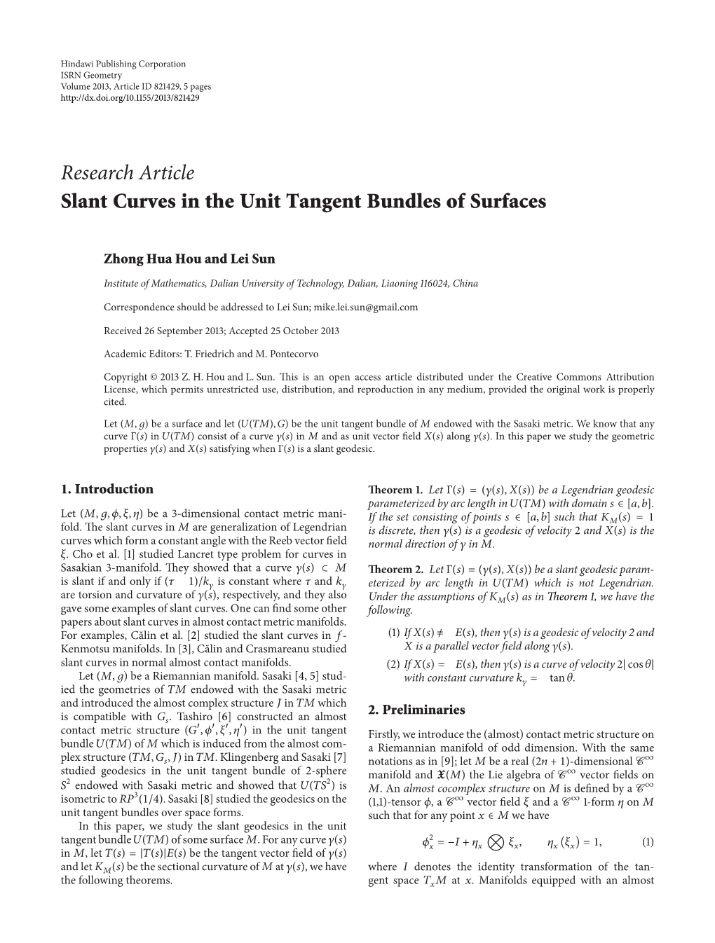 Research Article Slant Curves in the Unit Tangent Bundles of Surfaces