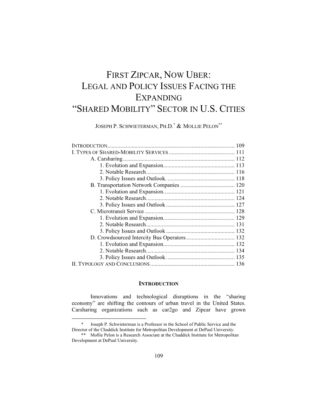 First Zipcar, Now Uber: Legal and Policy Issues Facing the Expanding “Shared Mobility” Sector in U.S