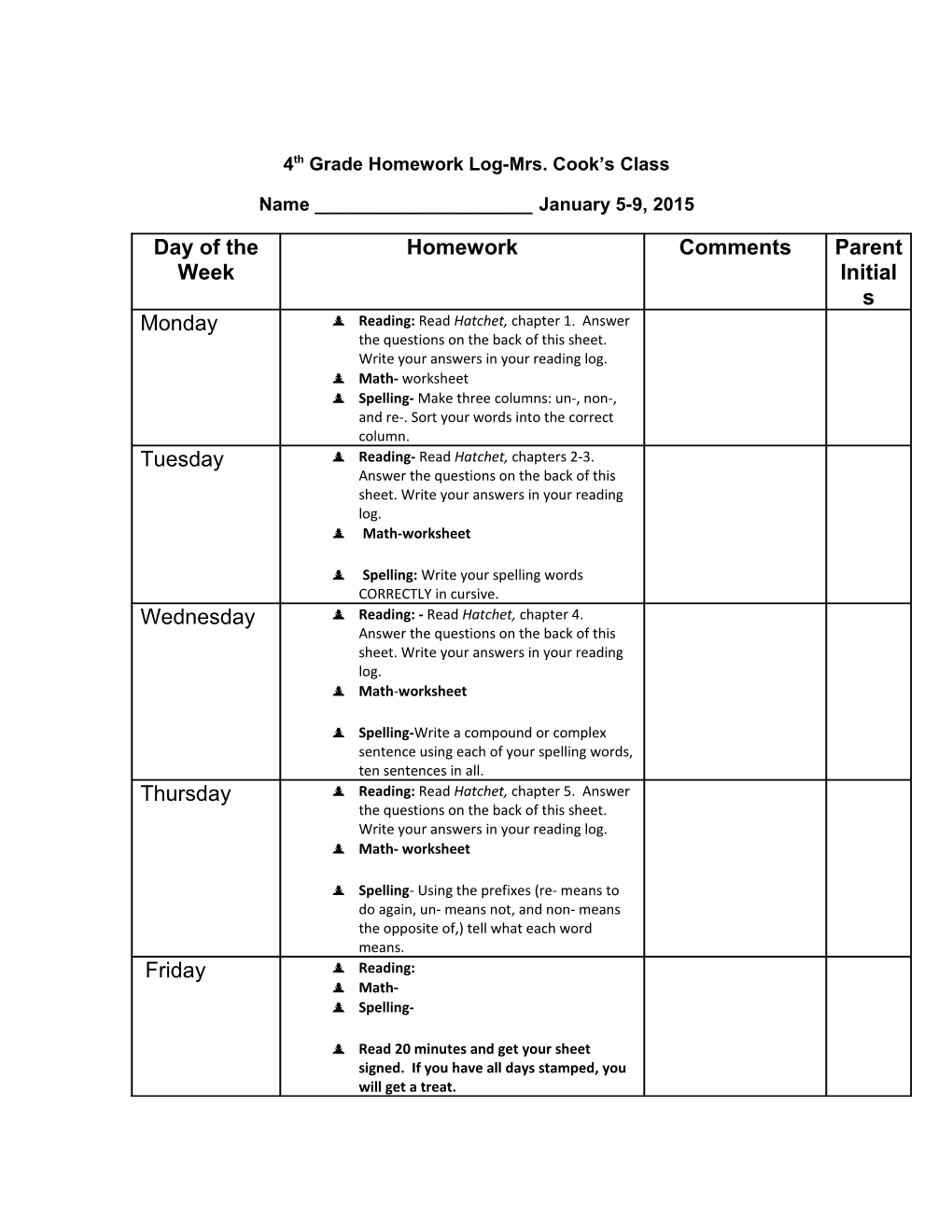 4Th Grade Homework Log s4