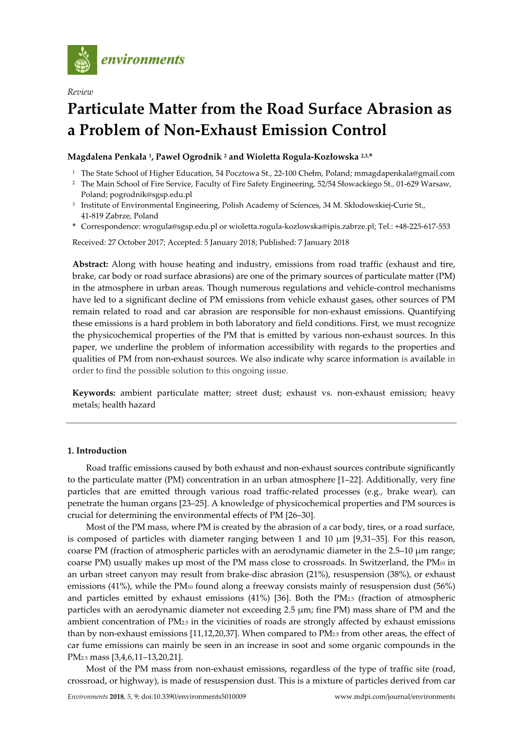 Particulate Matter from the Road Surface Abrasion As a Problem of Non-Exhaust Emission Control