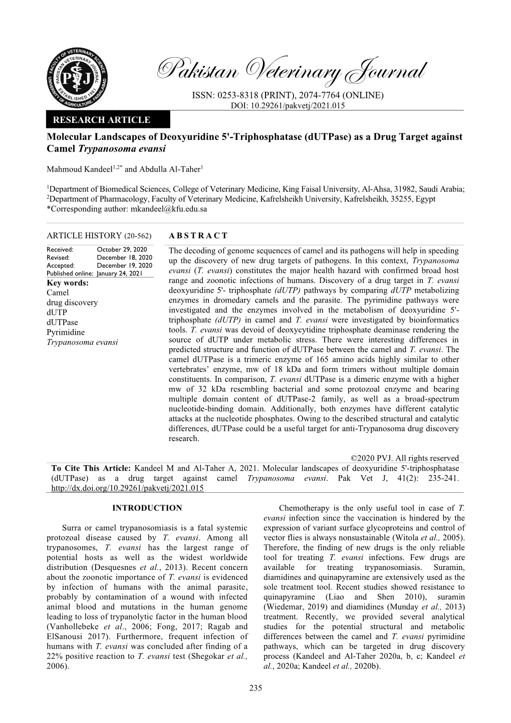 Molecular Landscapes of Deoxyuridine 5'-Triphosphatase (Dutpase) As a Drug Target Against Camel Trypanosoma Evansi