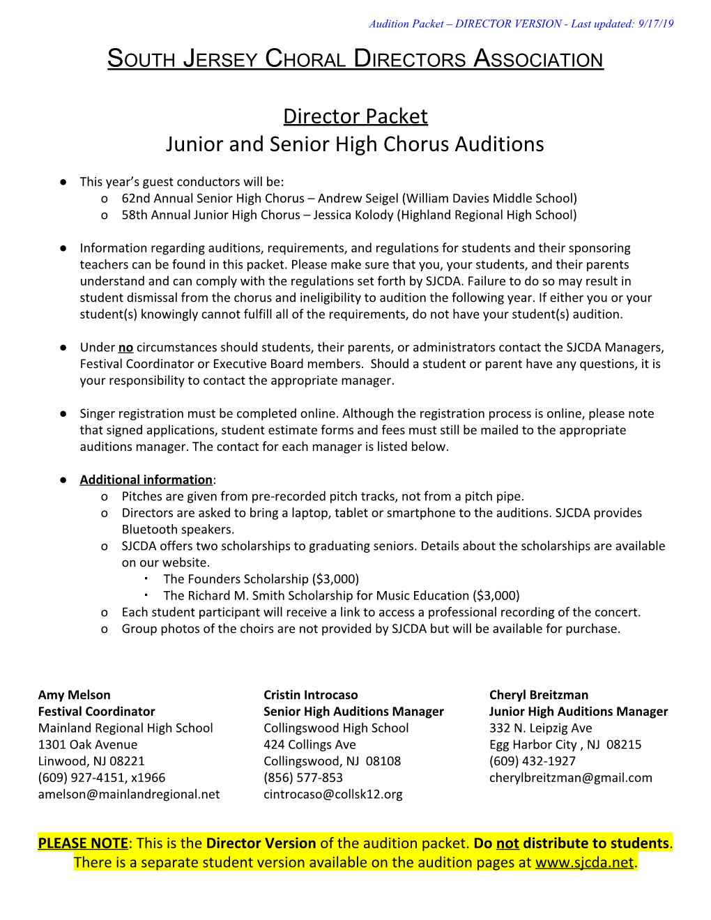 Director Packet Junior and Senior High Chorus Auditions