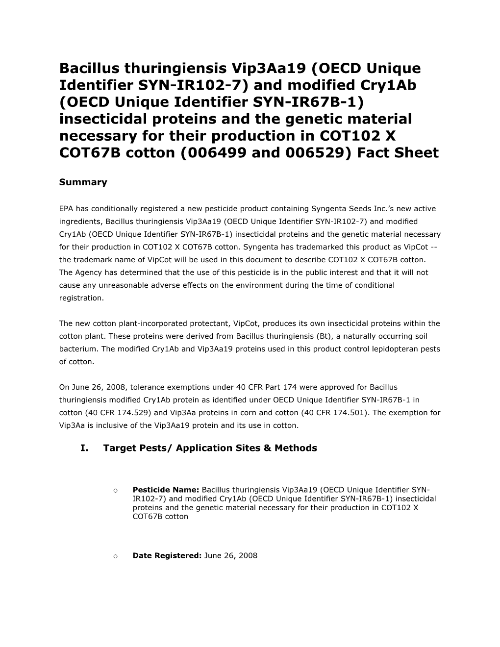 Biopesticides Fact Sheet for Bacillus Thuringiensis Vip3aa19 (OECD