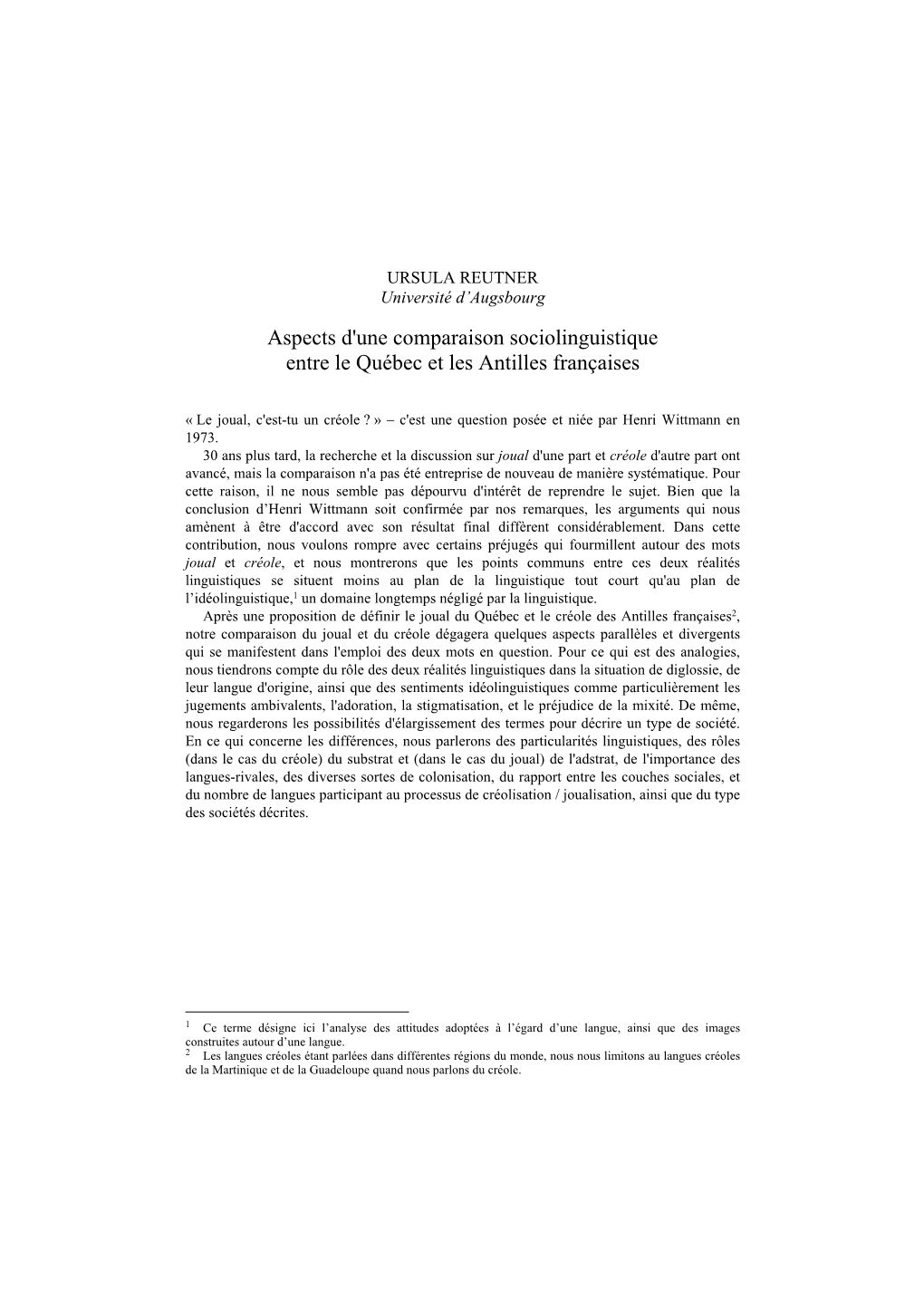 Aspects D'une Comparaison Sociolinguistique Entre Le Québec Et Les Antilles Françaises