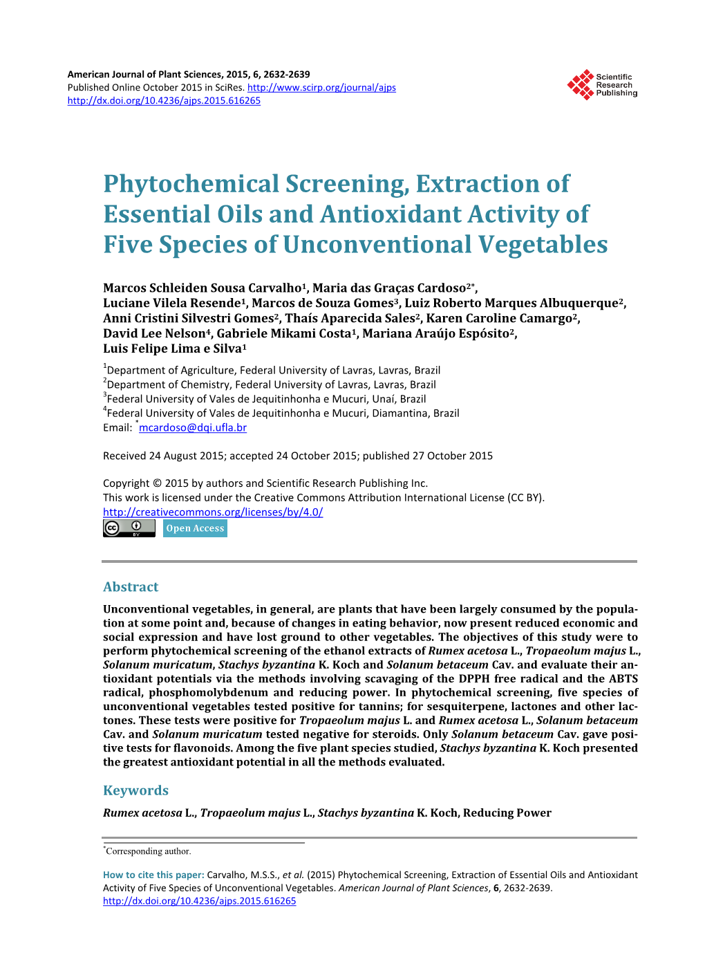 Phytochemical Screening, Extraction of Essential Oils and Antioxidant Activity of Five Species of Unconventional Vegetables