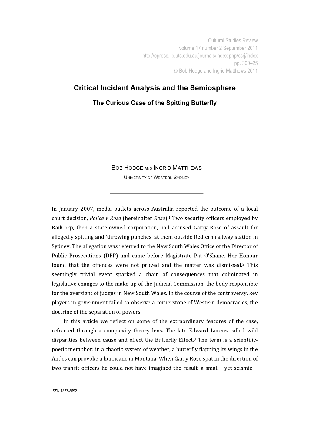 Critical Incident Analysis and the Semiosphere