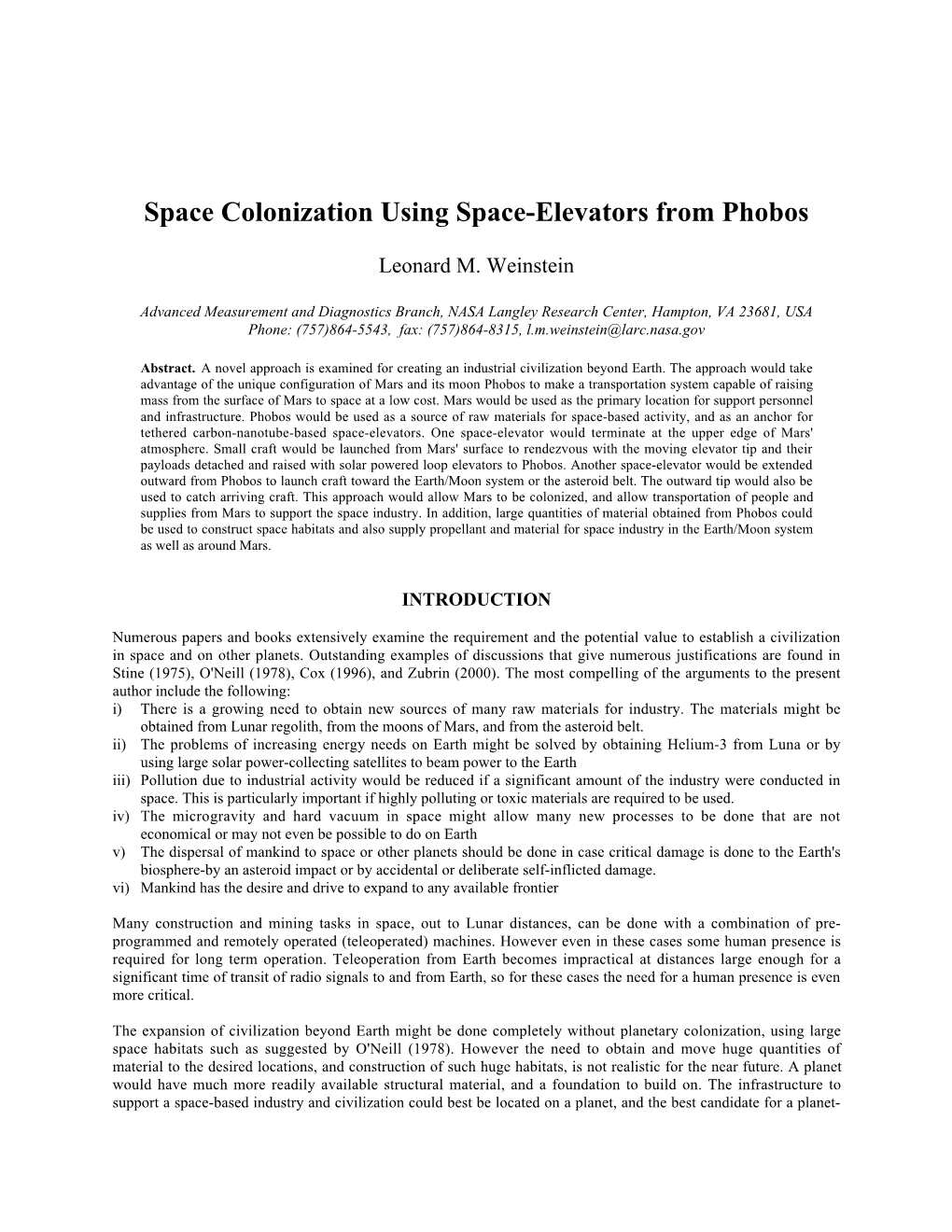 Space Colonization Using Space-Elevators from Phobos