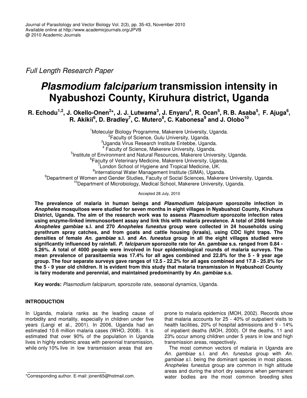 Plasmodium Falciparium Transmission Intensity in Nyabushozi County, Kiruhura District, Uganda