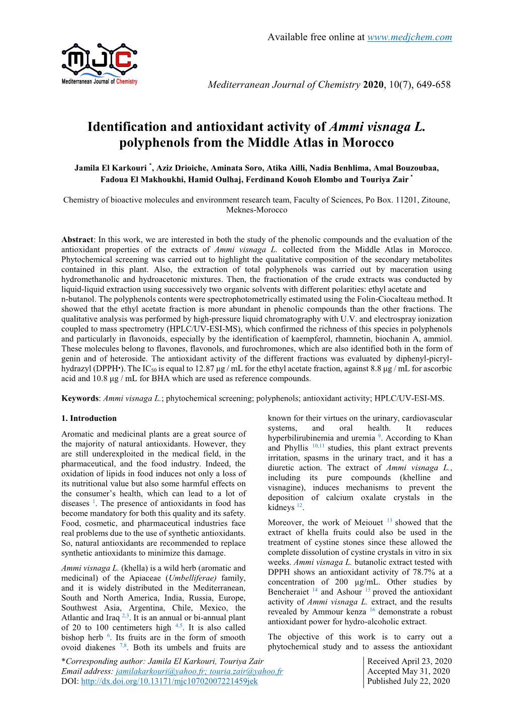 Identification and Antioxidant Activity of Ammi Visnaga L. Polyphenols from the Middle Atlas in Morocco