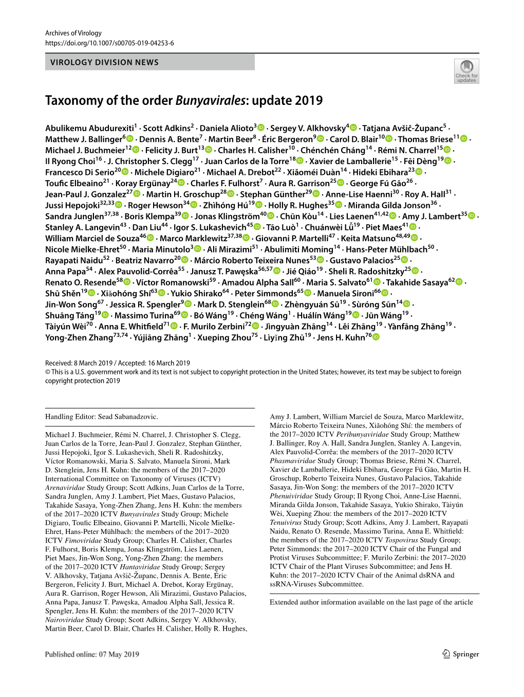 Taxonomy of the Order Bunyavirales: Update 2019