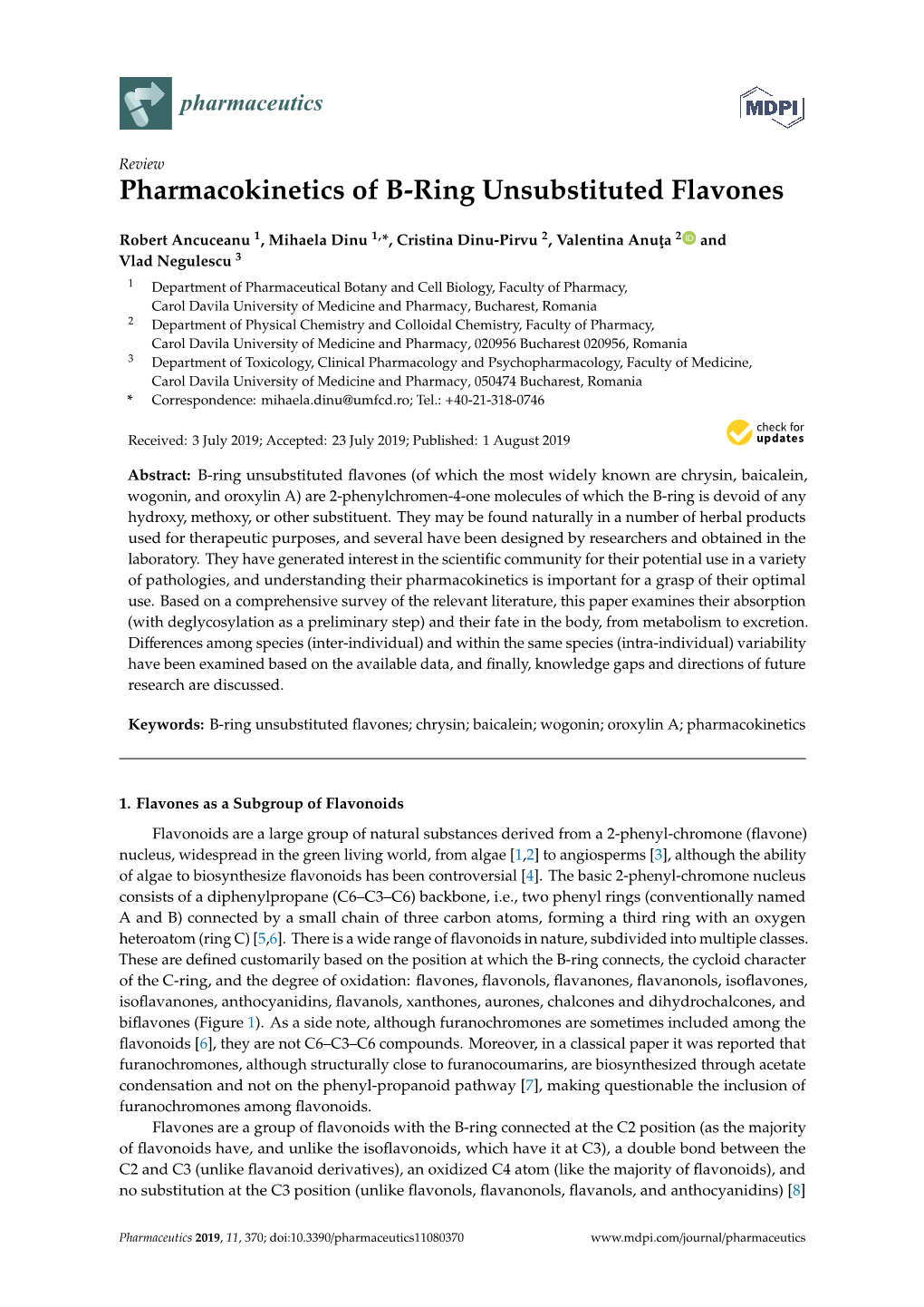 Pharmacokinetics of B-Ring Unsubstituted Flavones