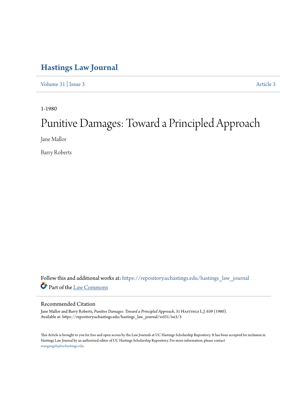 Punitive Damages: Toward a Principled Approach Jane Mallor