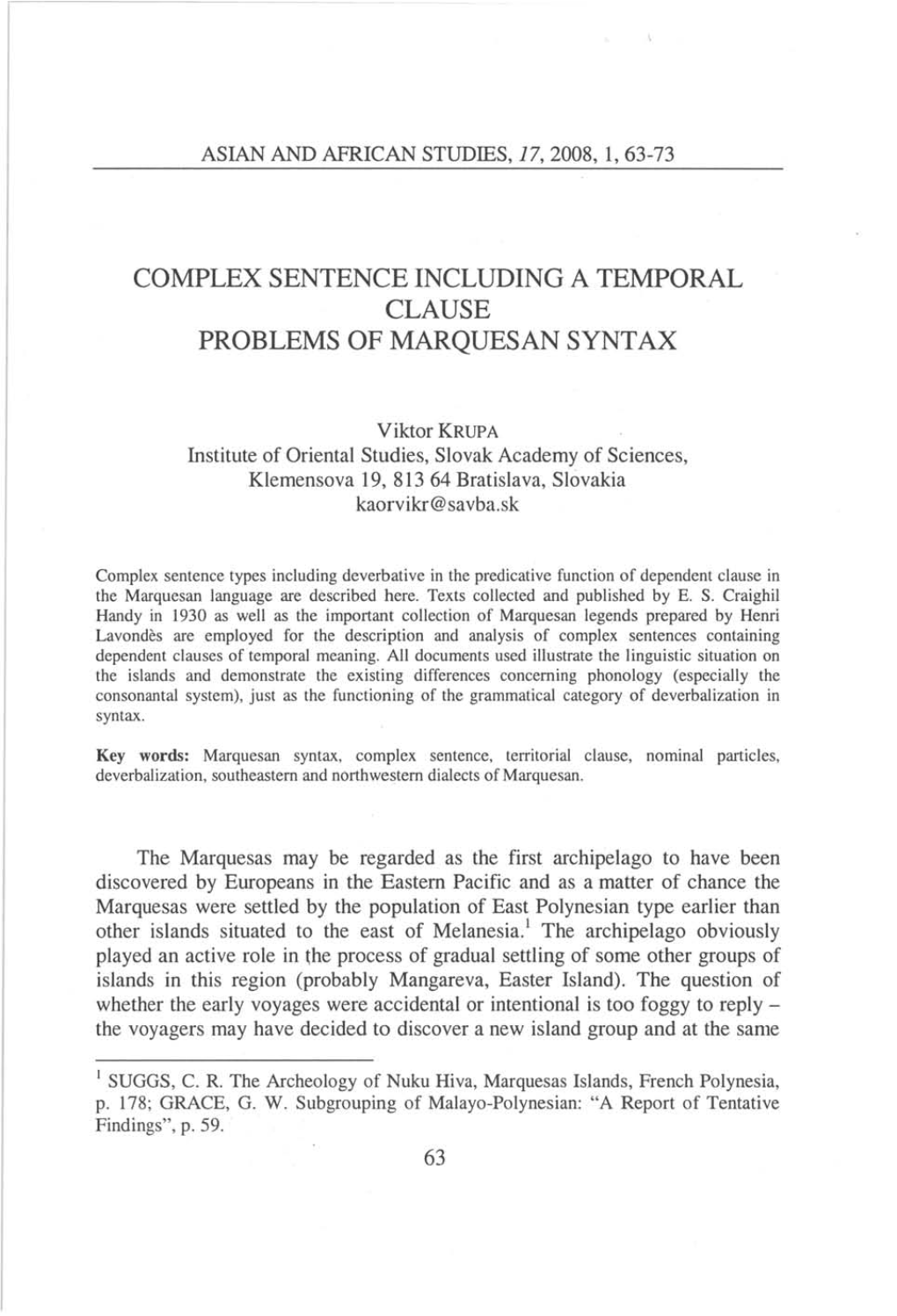 Complex Sentence Including a Temporal Clause Problems of Marquesan Syntax