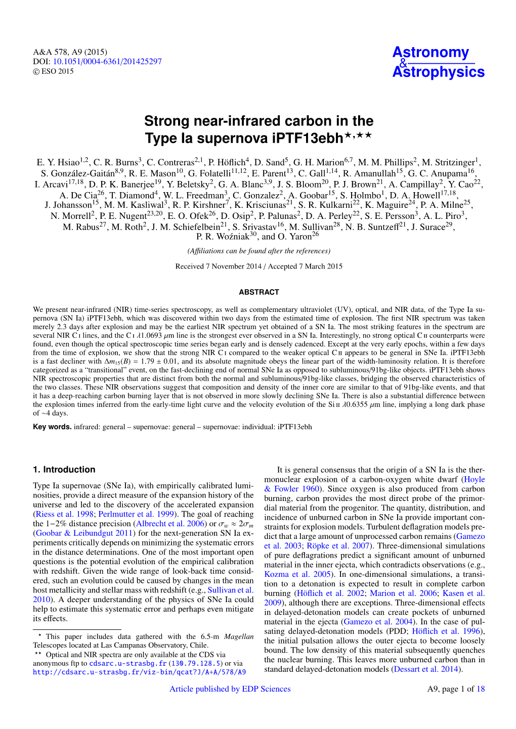 Strong Near-Infrared Carbon in the Type Ia Supernova Iptf13ebh⋆⋆⋆