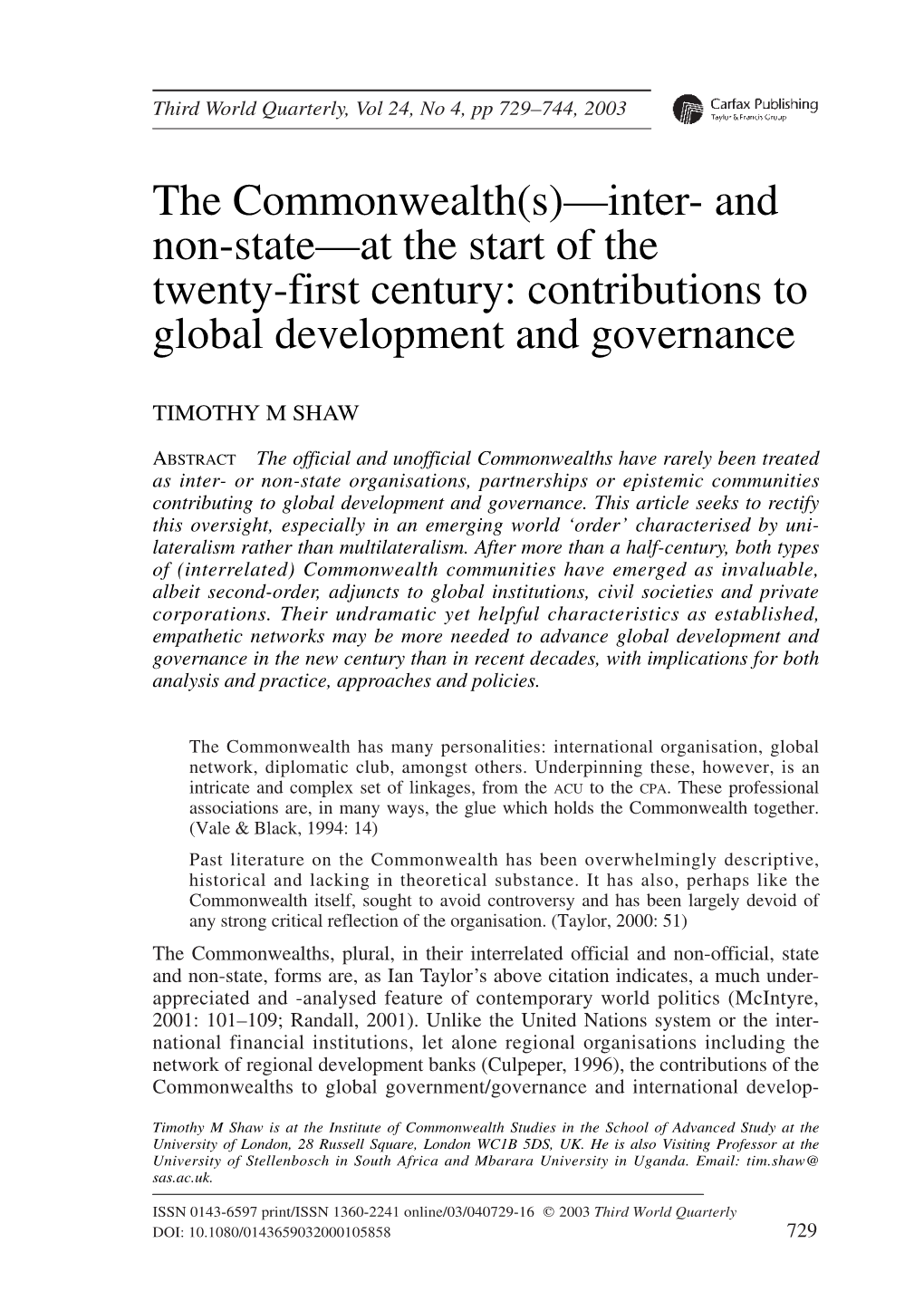 The Commonwealth(S)—Inter- and Non-State—At the Start of the Twenty-First Century: Contributions to Global Development and Governance