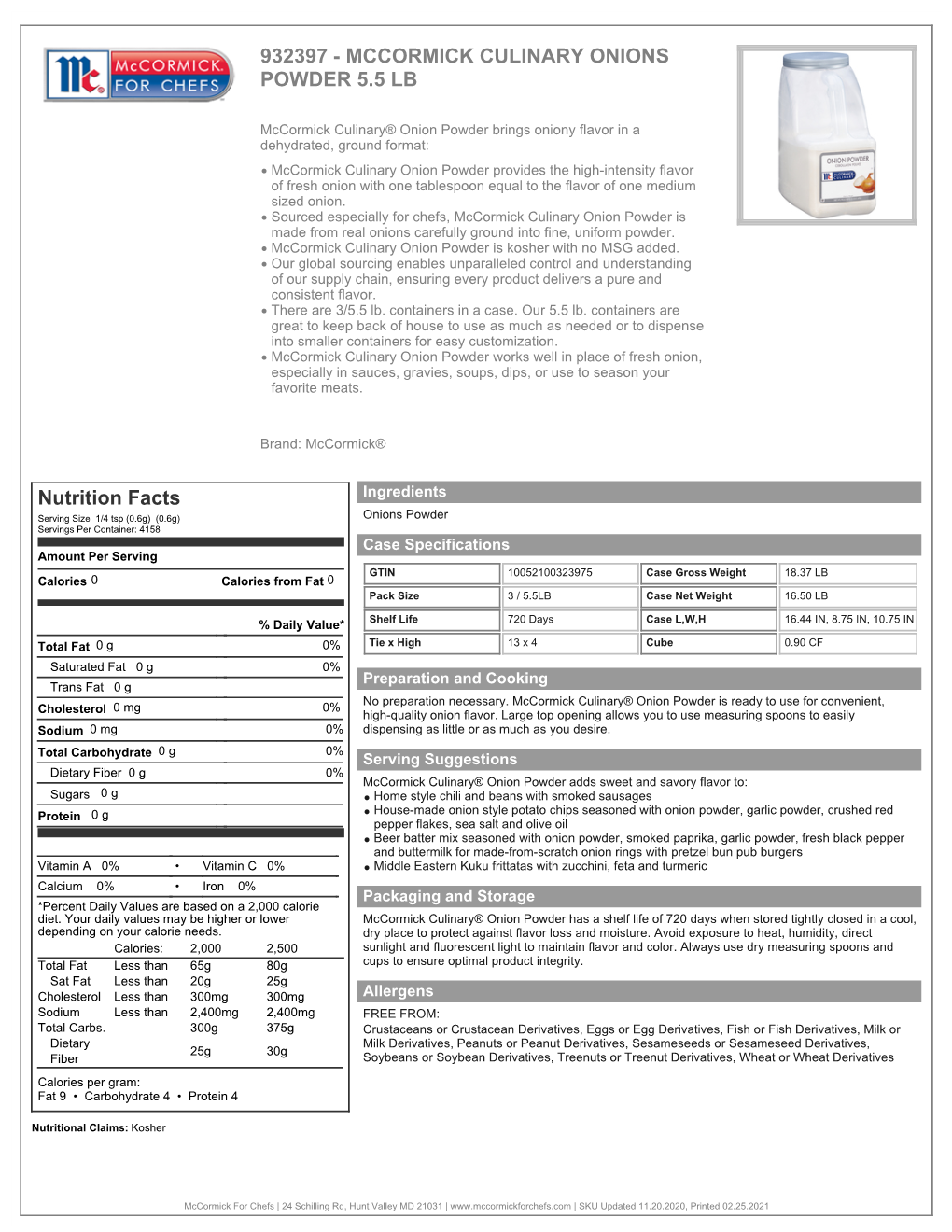 MCCORMICK CULINARY ONIONS POWDER 5.5 LB Nutrition Facts