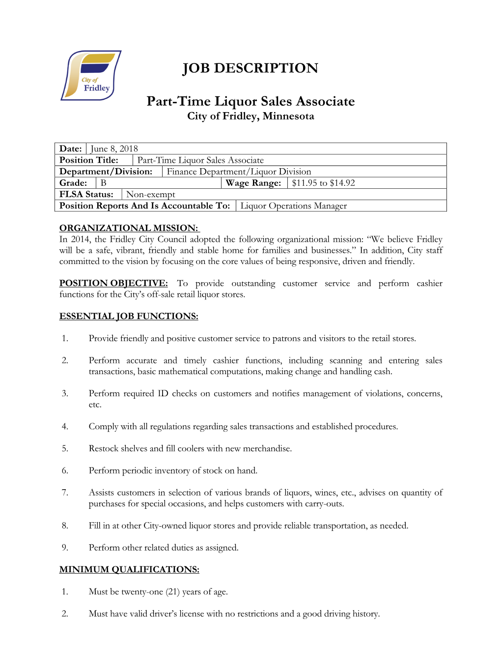 JOB DESCRIPTION Part-Time Liquor Sales Associate