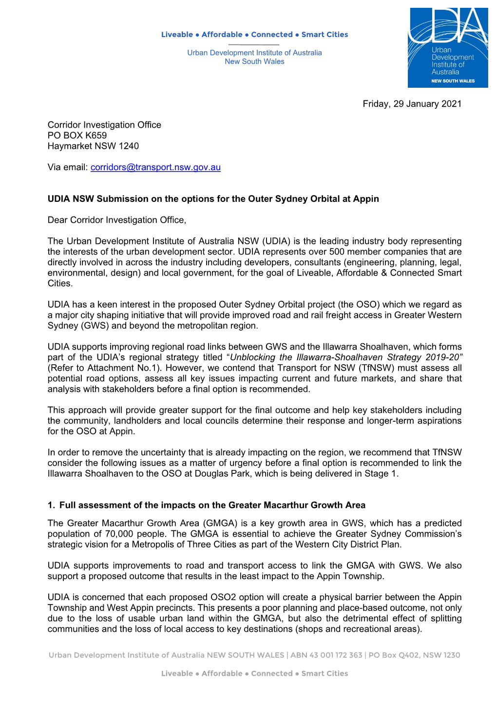 Friday, 29 January 2021 Corridor Investigation Office PO BOX K659 Haymarket NSW 1240 Via Email: Corridors@Transport.Nsw.Gov.Au U