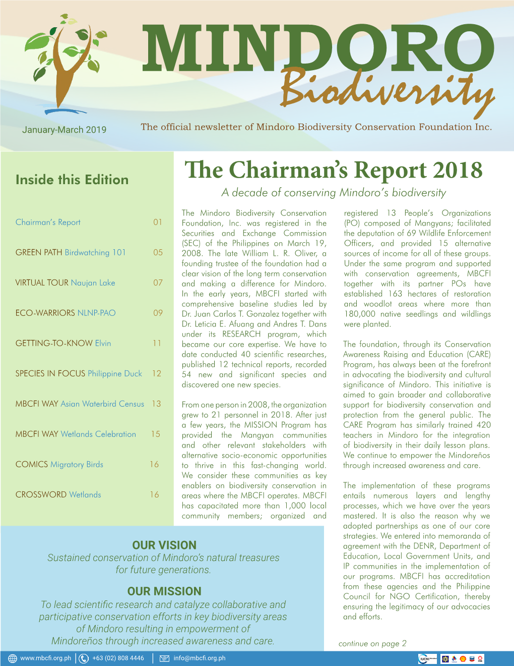 Biodiversity January-March 2019 the Official Newsletter of Mindoro Biodiversity Conservation Foundation Inc