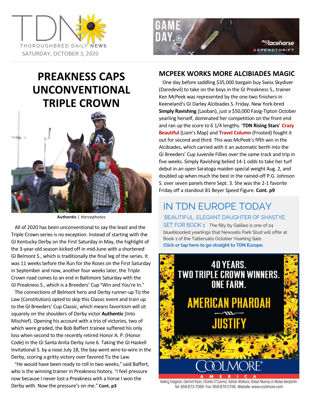 PREAKNESS CAPS UNCONVENTIONAL TRIPLE CROWN Bought by the Coolmore Partners