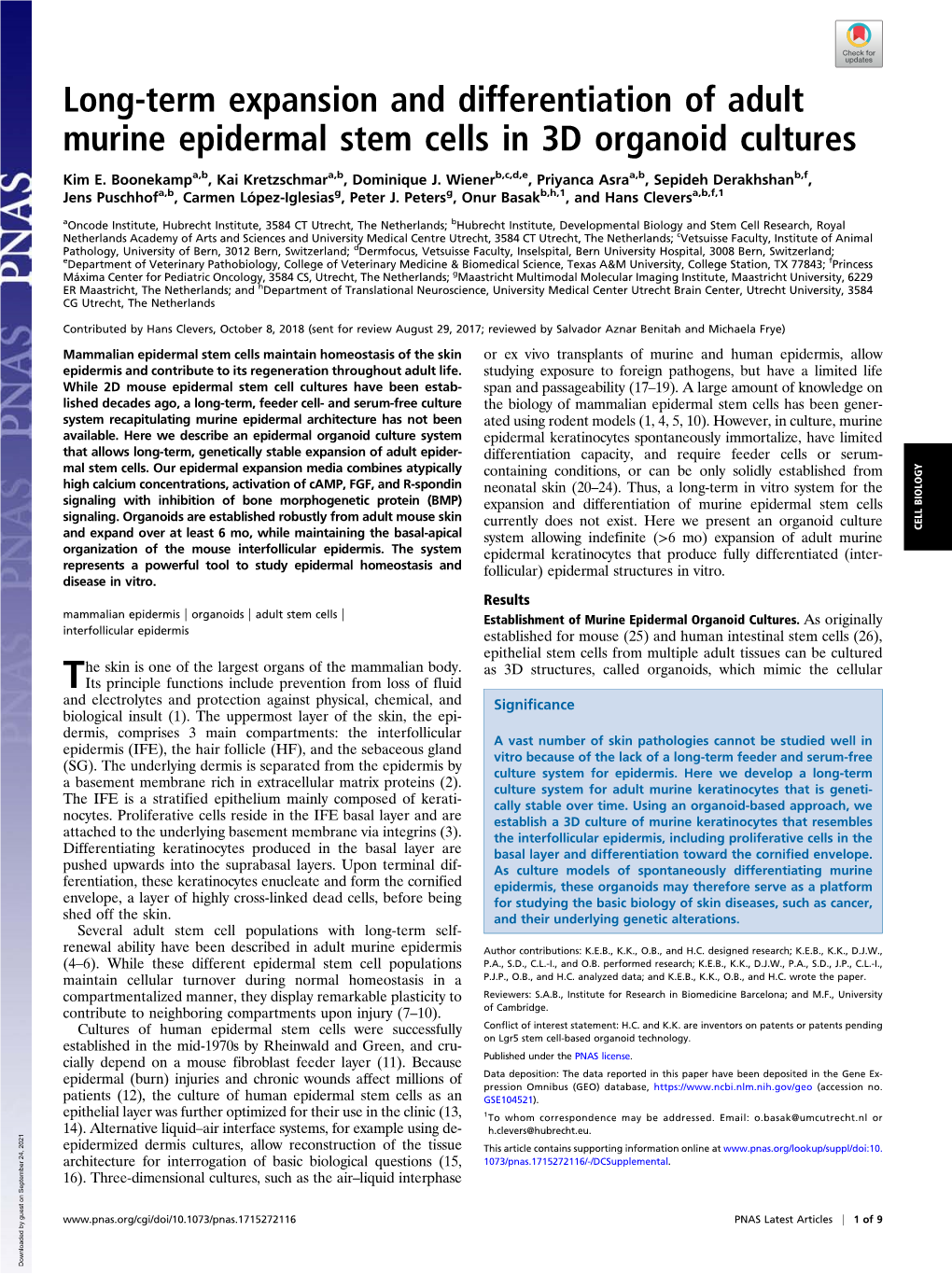 Long-Term Expansion and Differentiation of Adult Murine Epidermal Stem Cells in 3D Organoid Cultures