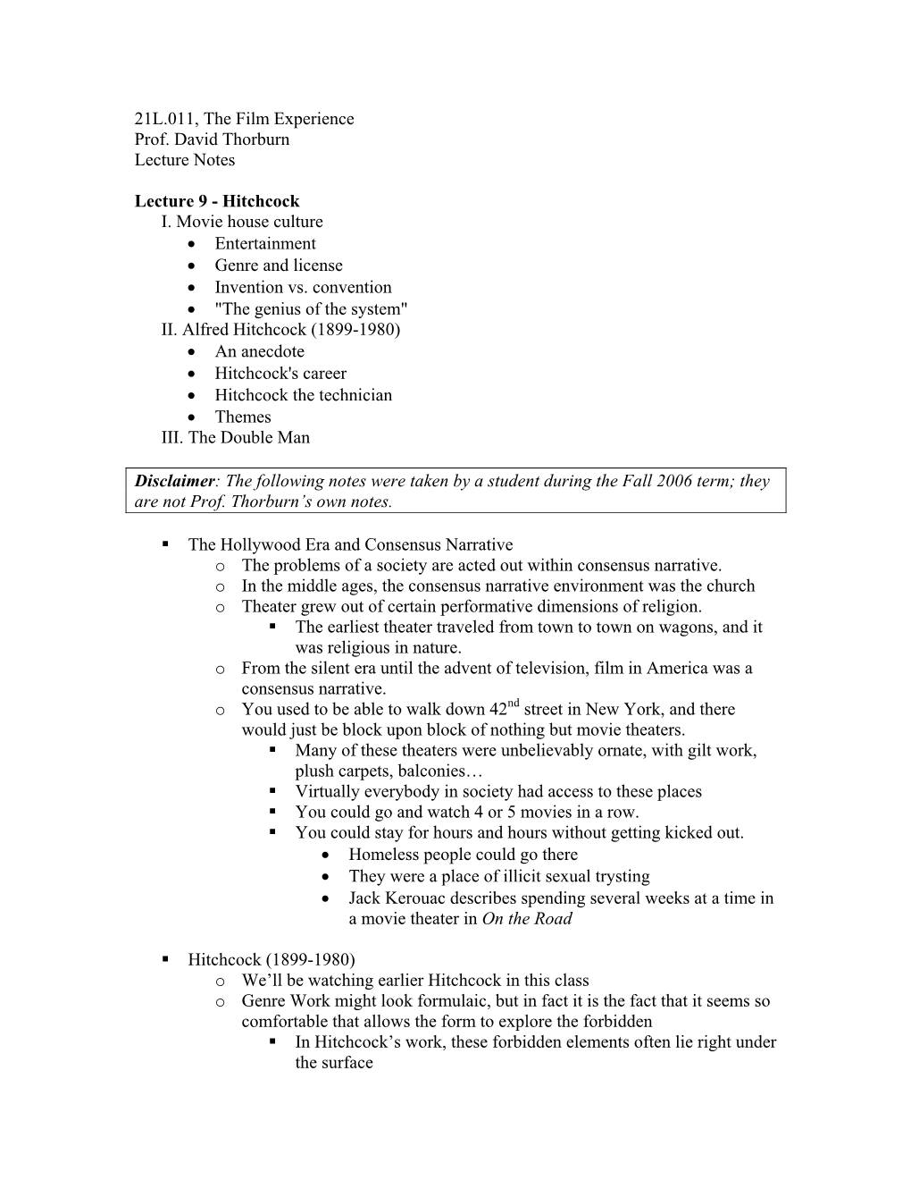 21L.011, the Film Experience Prof. David Thorburn Lecture Notes