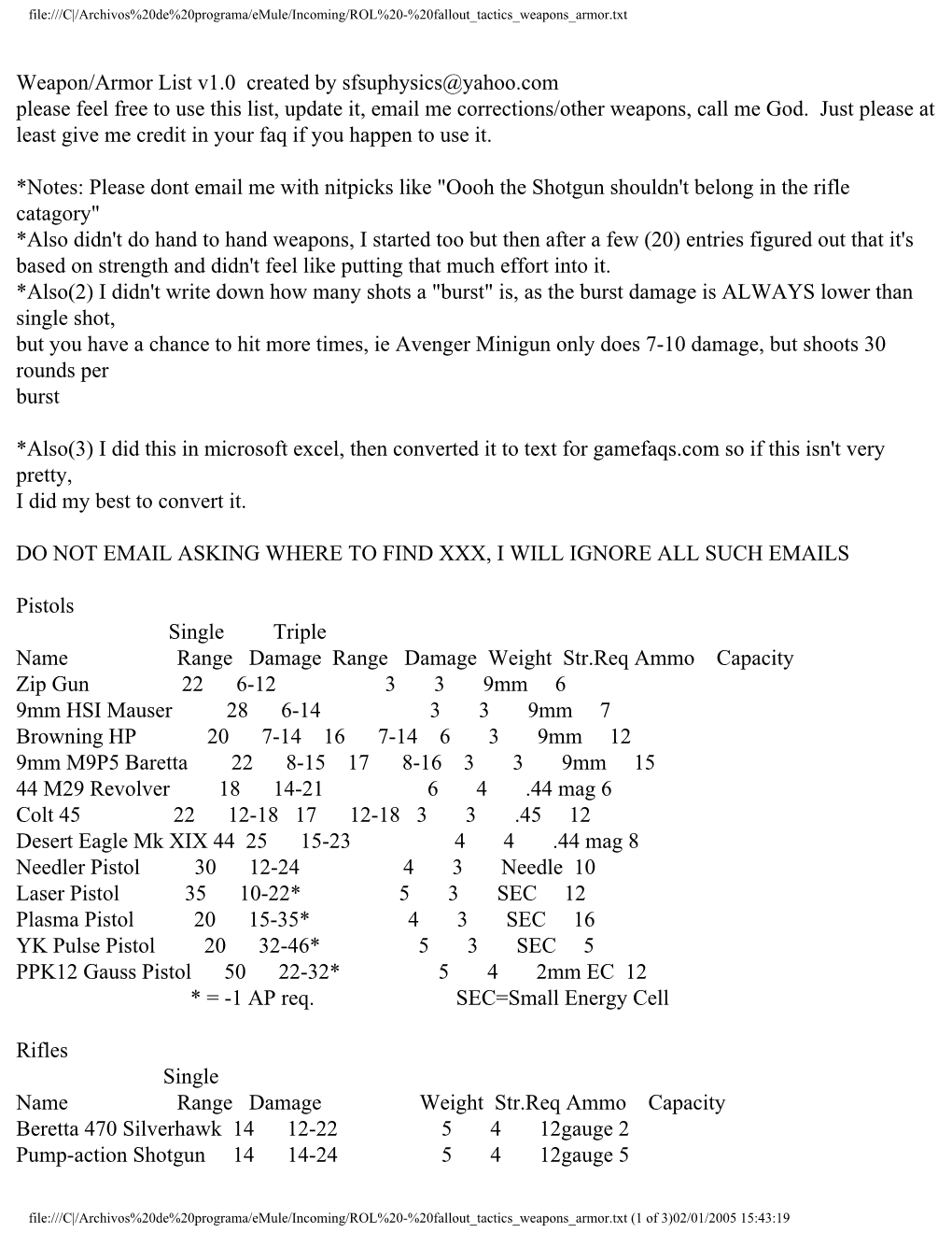 Weapon/Armor List V1.0 Created by Sfsuphysics@Yahoo.Com Please Feel Free to Use This List, Update It, Email Me Corrections/Other Weapons, Call Me God