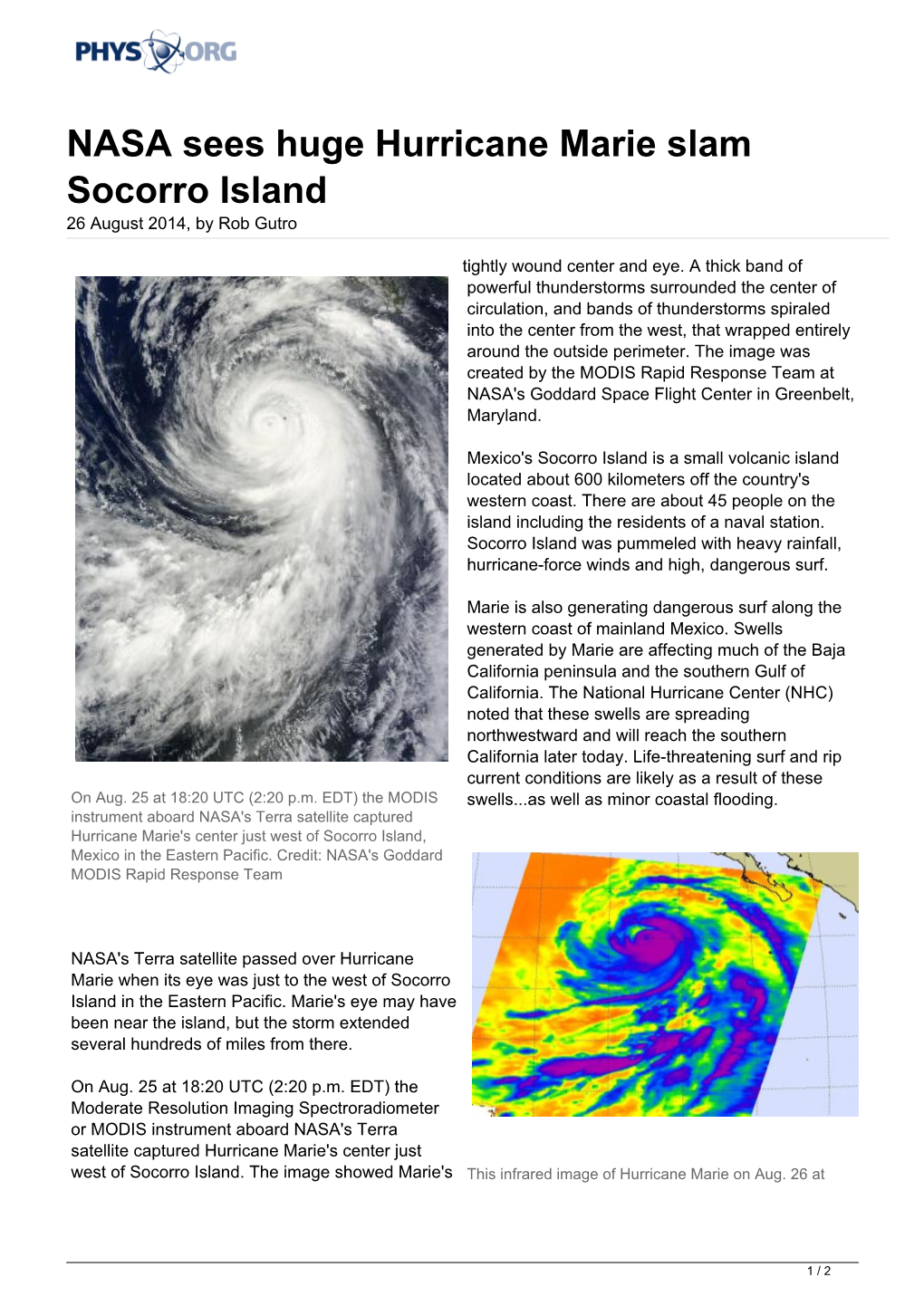 NASA Sees Huge Hurricane Marie Slam Socorro Island 26 August 2014, by Rob Gutro