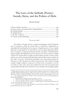 The Laws of the Sabbath (Poetry): Arendt, Heine, and the Politics of Debt