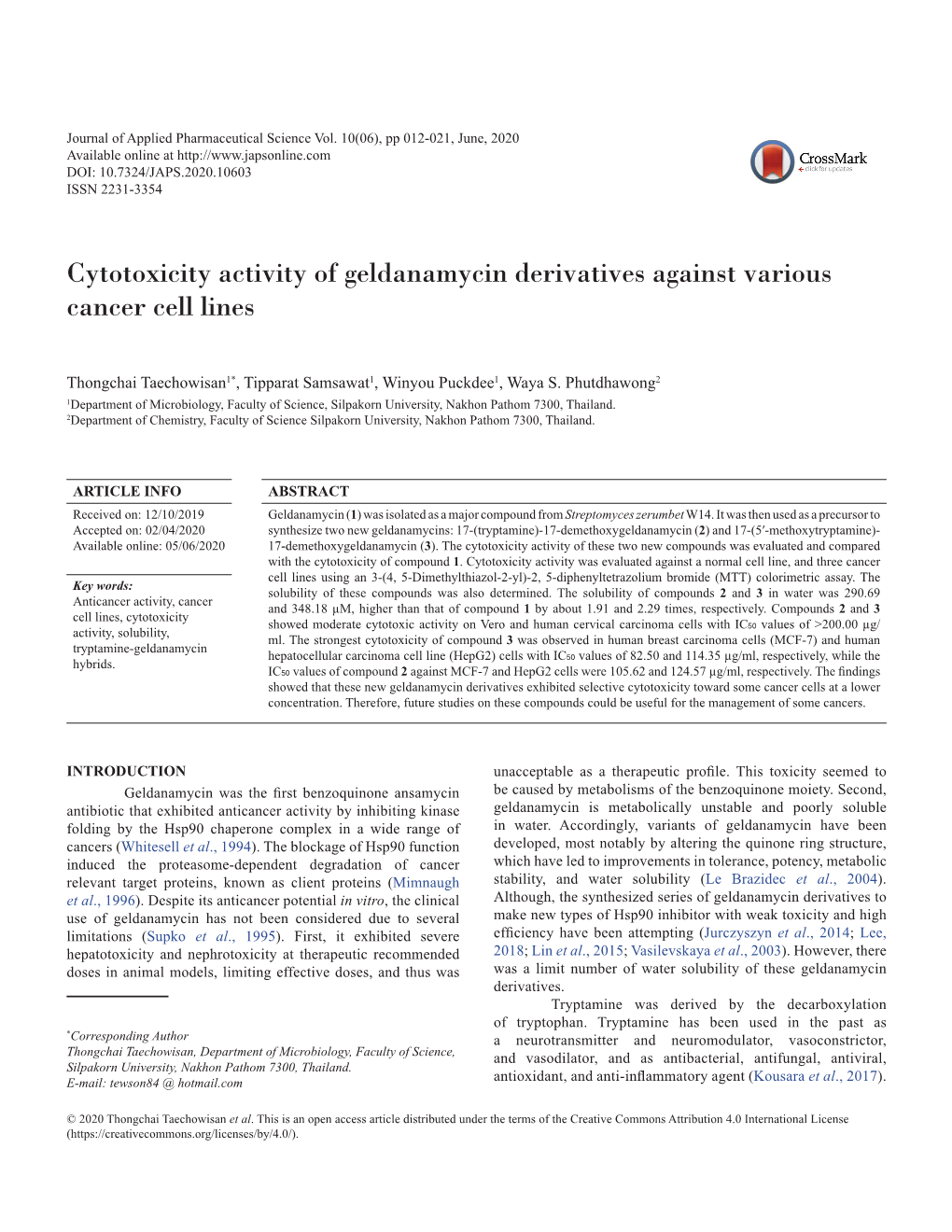 Cytotoxicity Activity of Geldanamycin Derivatives Against Various Cancer Cell Lines