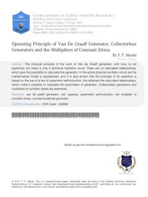 Operating Principle of Van De Graaff Generator, Collectorless Generators and the Multipliers of Constant Stress by F
