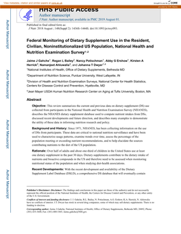 Federal Monitoring of Dietary Supplement Use in the Resident, Civilian, Noninstitutionalized US Population, National Health and Nutrition Examination Survey1,,2