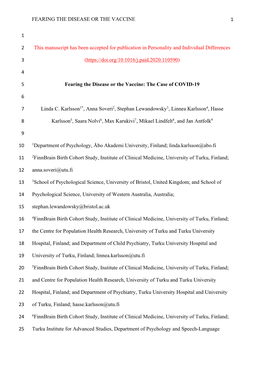 FEARING the DISEASE OR the VACCINE 1 1 This Manuscript Has Been Accepted for Publication in Personality and Individual Differenc