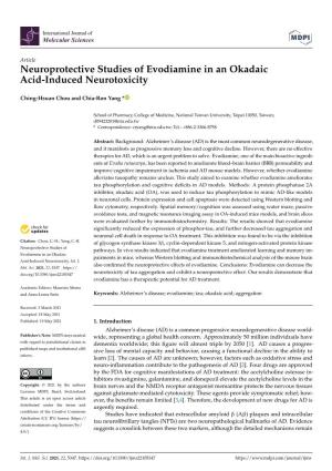 Neuroprotective Studies of Evodiamine in an Okadaic Acid-Induced Neurotoxicity