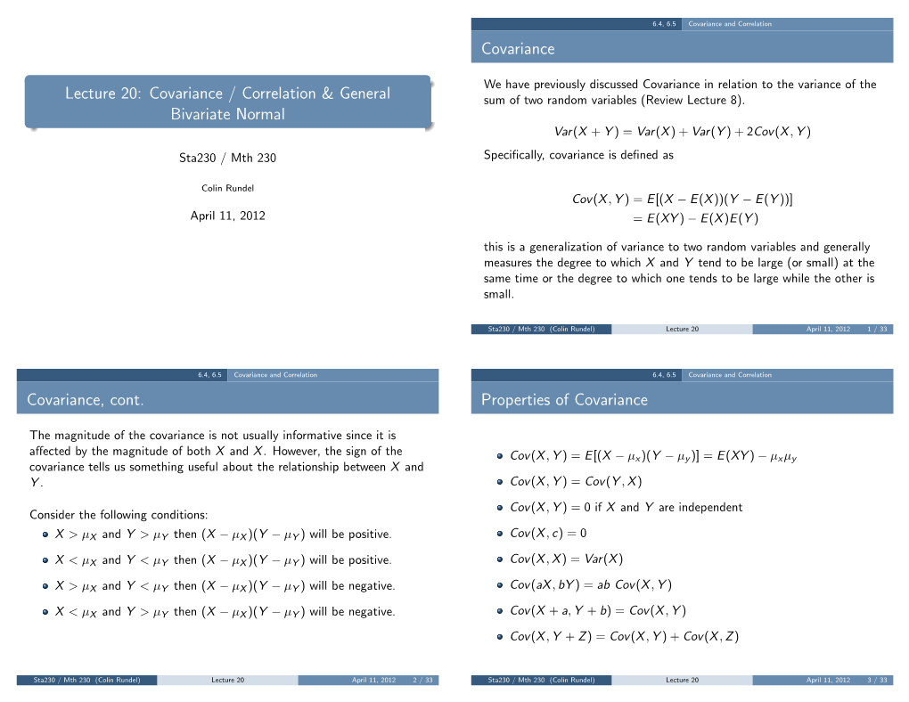 Lecture 20: Covariance / Correlation & General Bivariate Normal