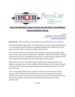 Cape Cod Baseball League Teams up with Pierce-Cote/Regan Communications Group