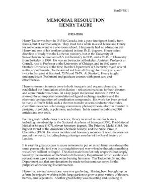 Memorial Resolution Henry Taube