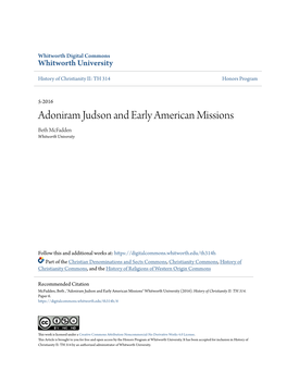 Adoniram Judson and Early American Missions Beth Mcfadden Whitworth University