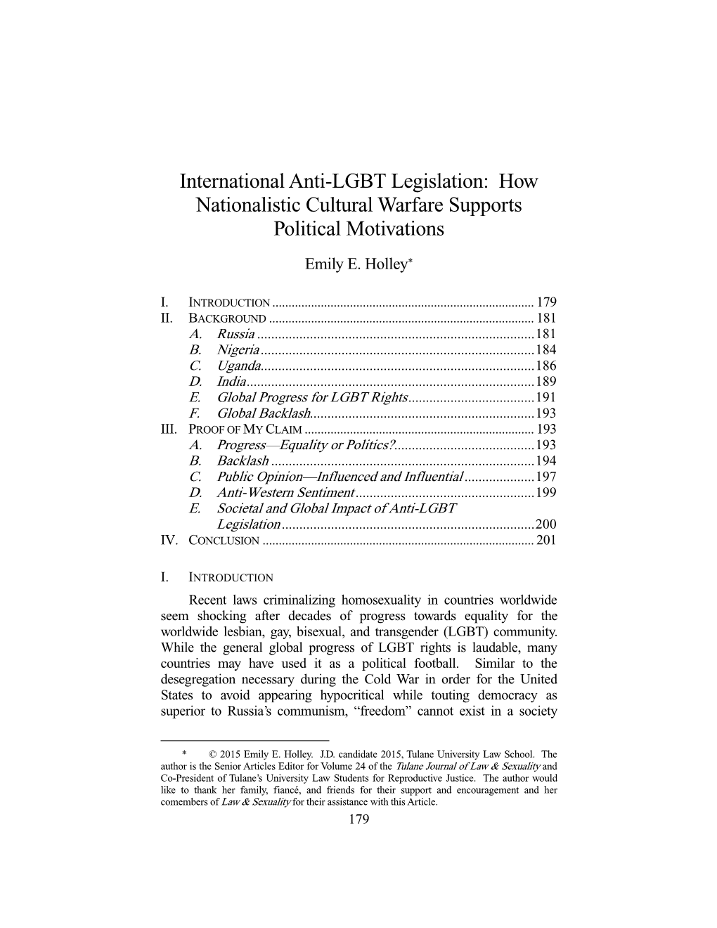 International Anti-LGBT Legislation: How Nationalistic Cultural Warfare Supports Political Motivations