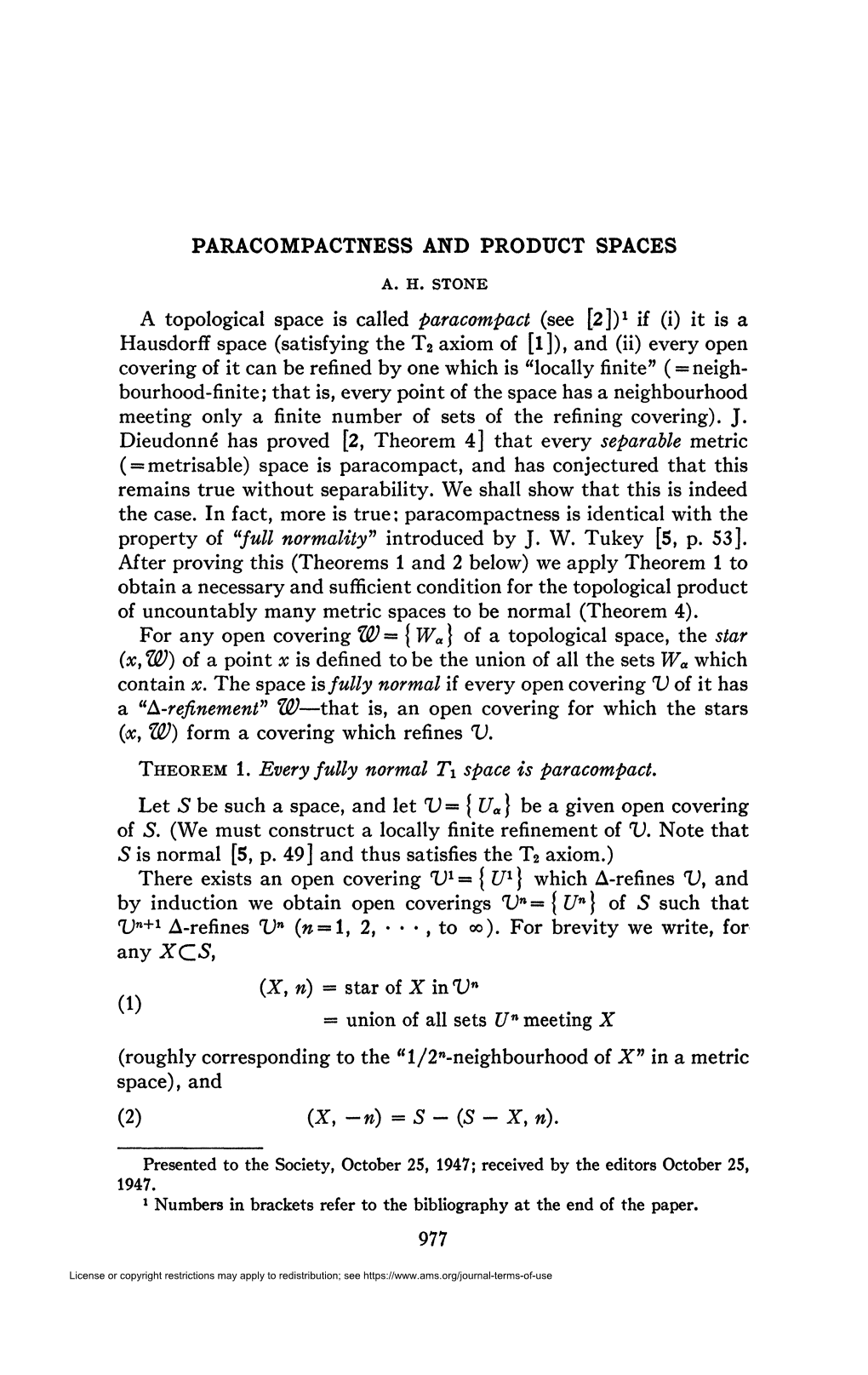 PARACOMPACTNESS and PRODUCT SPACES a Topological