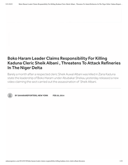 Oko Haram Leader Claim Re Pon I Ilit for Killing Kaduna Cleric Heik Al