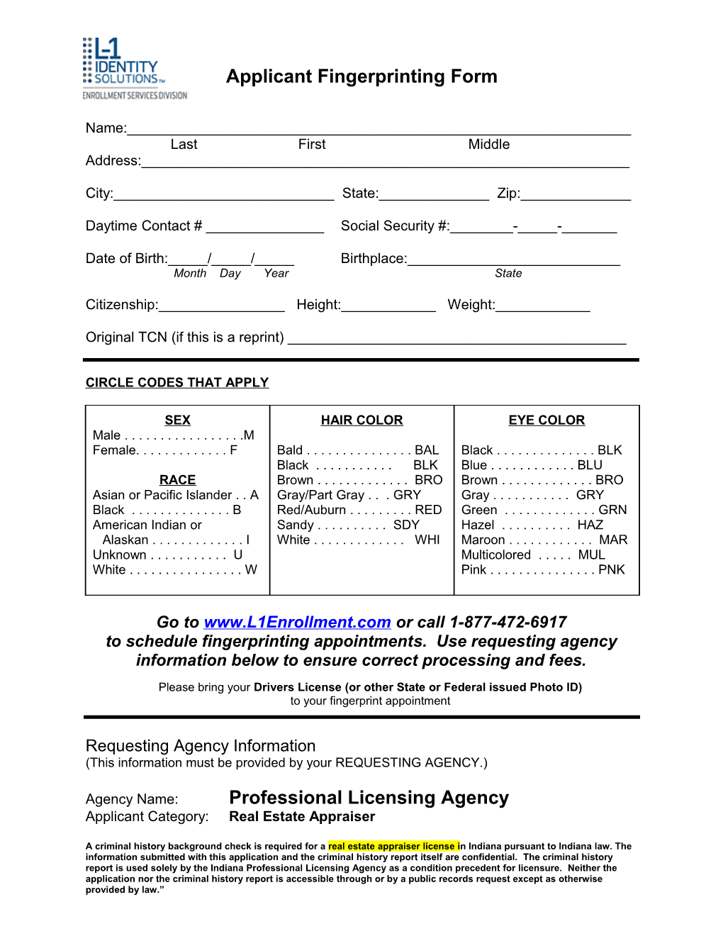 Applicant Fingerprinting Form